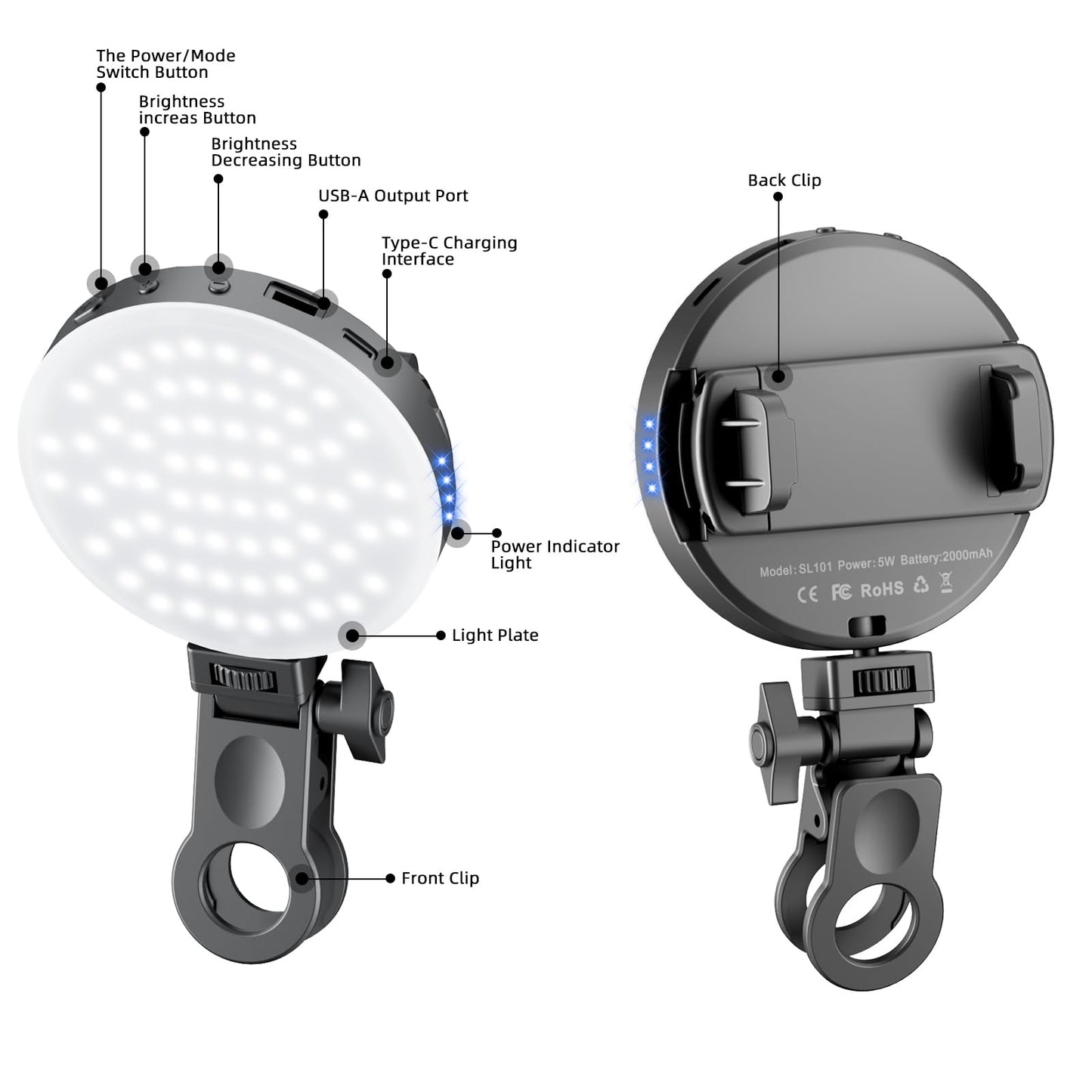 Selfie Light Clip with 68 LED, 3 Modes & 10-Level Brightness for Phone, iPad, Laptop - Rechargeable, Front & Back Clips for TikTok, Makeup, Vlog
