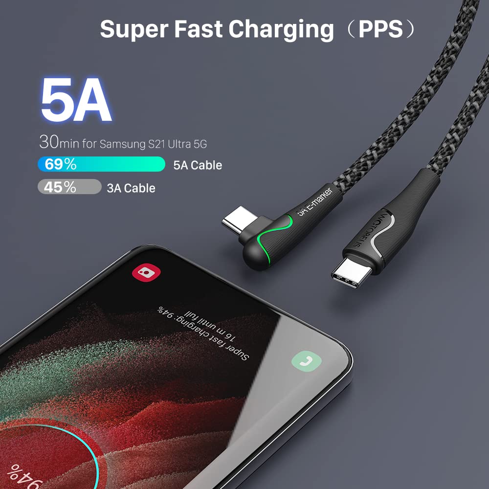 WOTOBEUS USB C to USB C Cable (2-Packs,10ft+3ft), with LED Rainbow Flow 7 Colors, 5A PD 100W PPS 45W Super Fast Charging Cable Right Angle, for iPhone