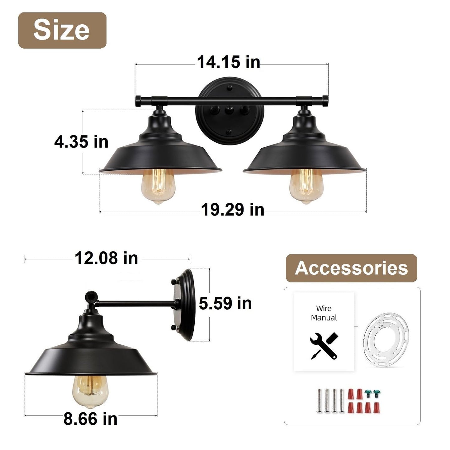 Adcssynd Farmhouse Bathroom Vanity Light, 20" Black 2 Light Vanity Light for Over Mirror, Rustic Metal Shade Bathroom Lighting Fixture, 1 Pack, E26