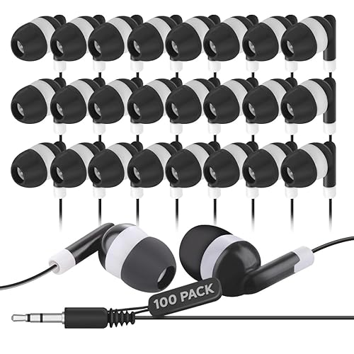 JustJamz Bulk Earbuds 100 Pack | Wired in-Ear Earphones for Classroom, Students, Kids, and Libraries | Disposable Headphones with 3.5mm Jack, Perfect…