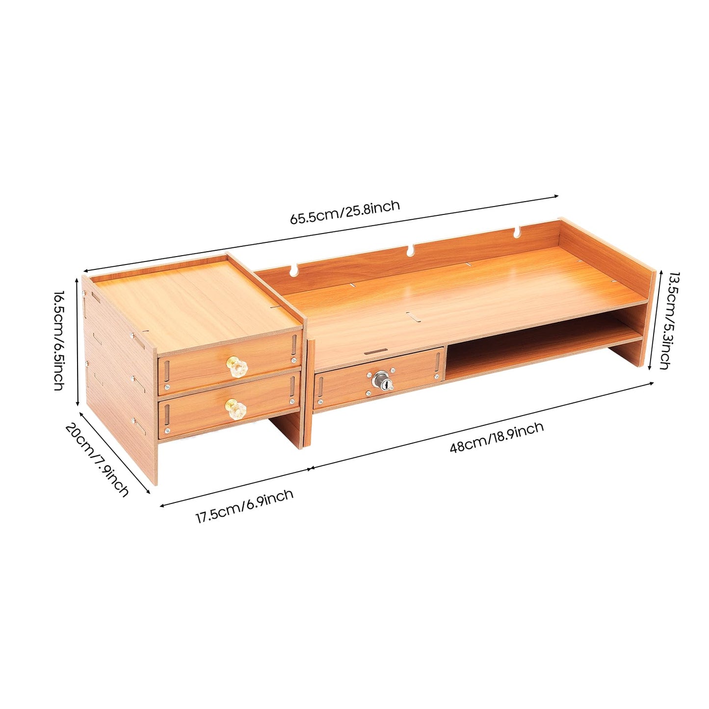 Wawuwao Computer Monitor Stand with Drawers, 18.9 Inch Wood Monitor Stand, Computer Rack with Lockable Drawer & Phone Holder for Office Home