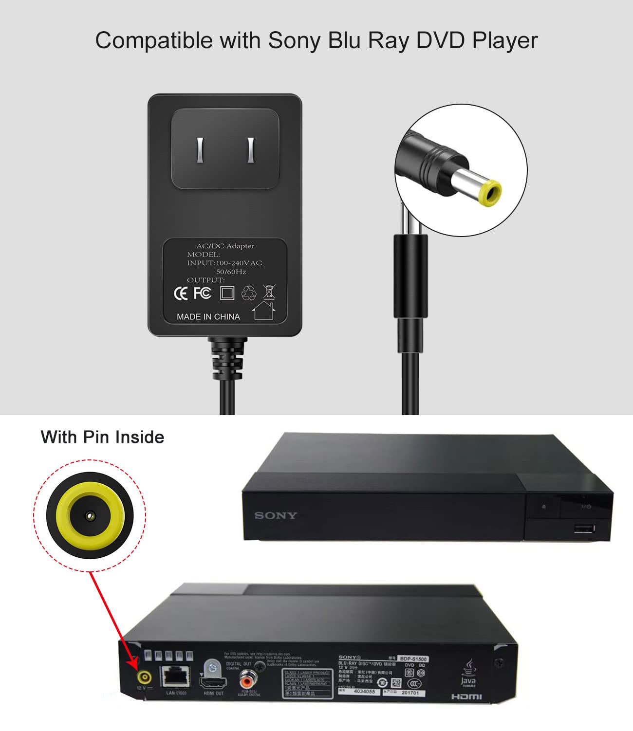 Replace Sony Blu Ray DVD Player Power Cord 12V AC Adapter for BDP-S5200 BDP-S3200 BDP-S3700 BDP-S6700 BDP-S1700 BDP-S3500, Suitable…