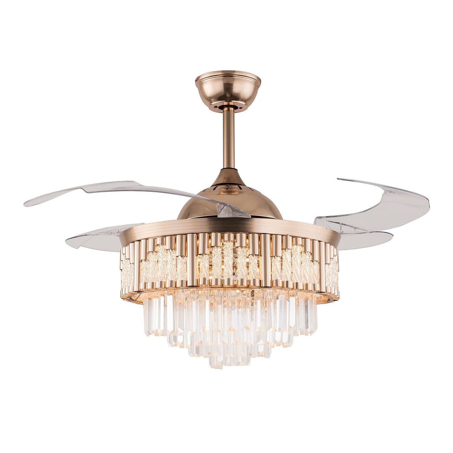 OUKANING Fandelier Crystal Retractable Ceiling Fans Light and Remote Invisible LED Crystal Chandelier Fanfor Living Room Dining Room Hall-Polished
