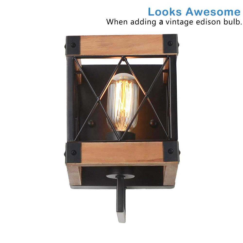 Eumyviv 1-Light Rustic Wood Wall Lamp with Mesh Cage Industrial Wall Sconce, Retro Bathroom Lamp Log Cabin Home Vintage Edison Sconce Light Fixture