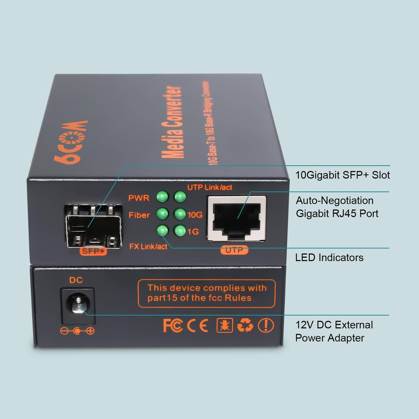 6COMGIGA 10G SFP to RJ45 Fiber Media Converter, 1x 1000M/2.5G/5G/10GBase-T Auto-Negotiation RJ45 Slot to 1x 10GBase-X SFP+ Slot,Support