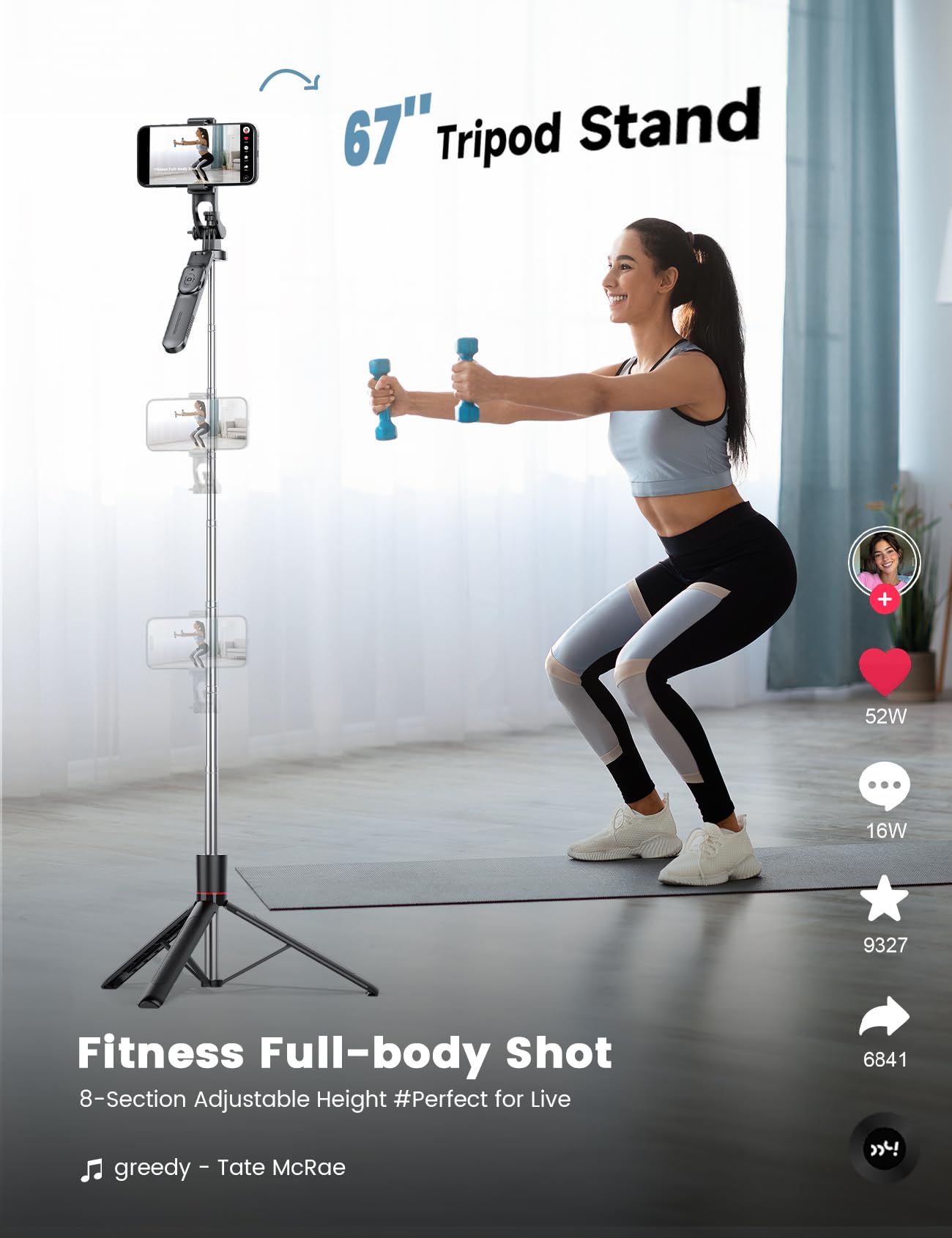 67’’ Selfie Stick Tripod with Light, Basic Phone Stand for iPhone & Samsung, All-in-One Extendable Tripod with Remote, 360° Rotation Handle, Portable