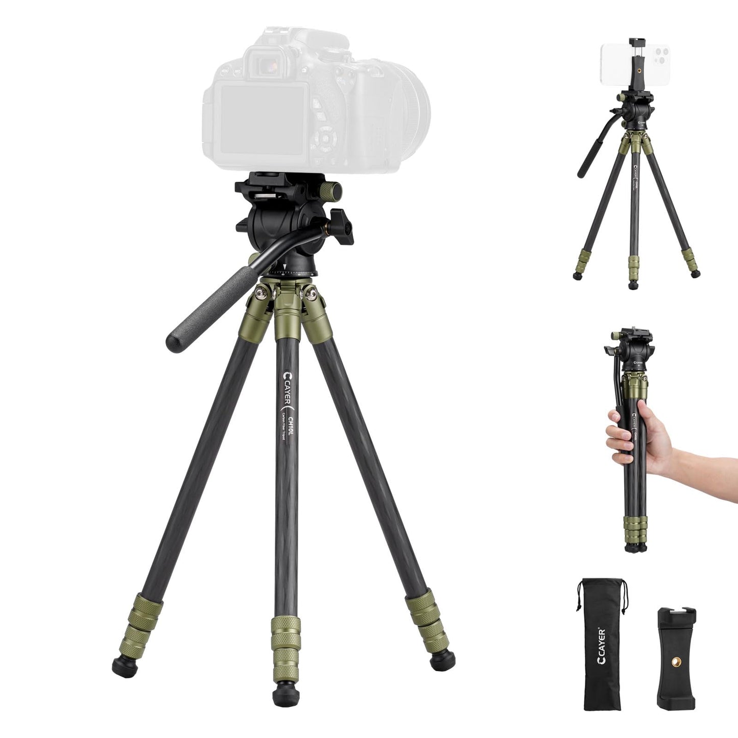 Cayer CH10L Carbon Fiber Tripod with S1 Mini Fluid Head, 28" Compact Desktop Stand, Tabletop Camera Support with Center Column for Mirrorless Cameras