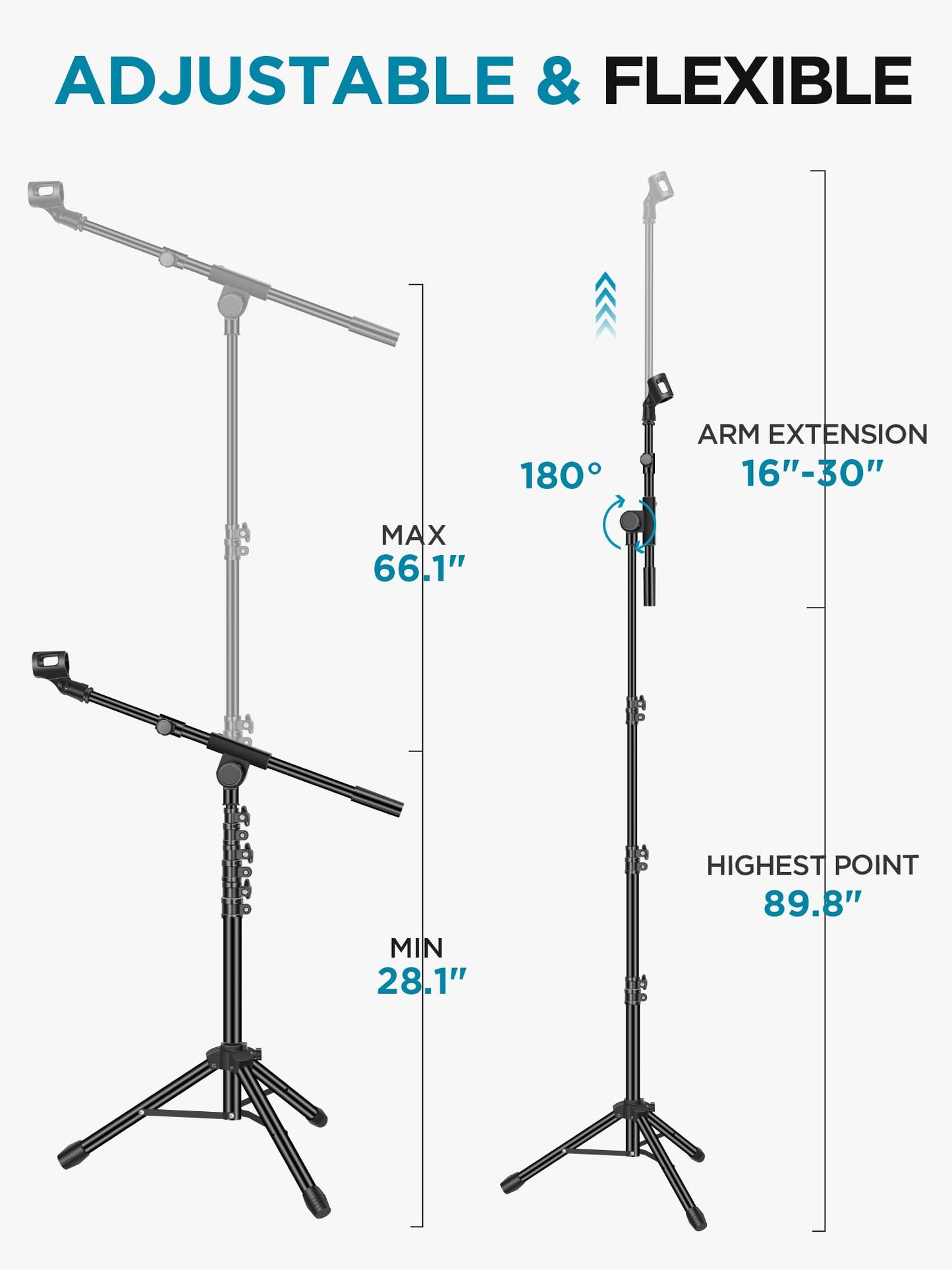 InnoGear Microphone Stand, Tripod Boom Arm Floor Mic Stand Height Adjustable Heavy Duty with Carrying Bag 2 Mic Clips 3/8" to 5/8" Adapter for Singing