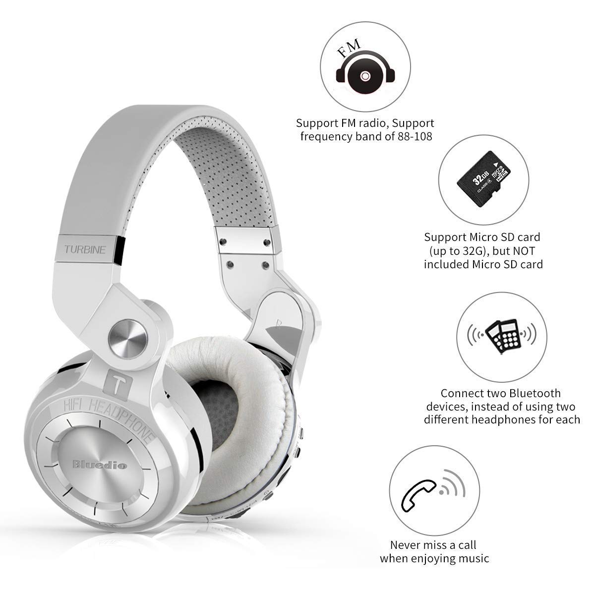 Bluedio T2 Plus Turbine Wireless Bluetooth Headphones with Mic/Micro SD Card Slot/FM Radio (White)