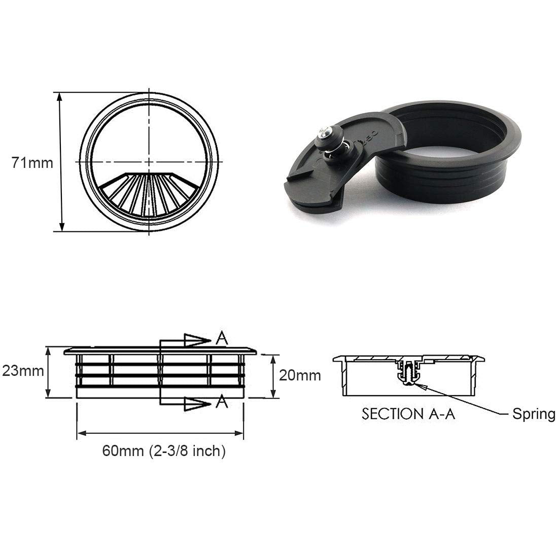 HJ Garden 2pcs 2-3/8 inch Desk Wire Cord Cable Grommets Hole Cover for Office PC Desk Cable Cord Organizer Plastic Cover Black