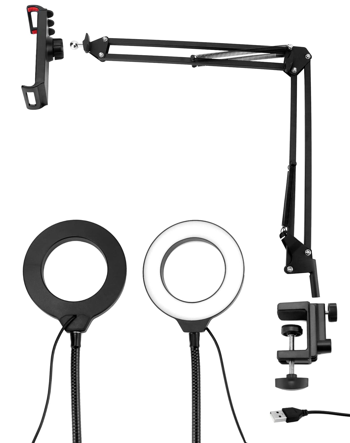 QWORK Overhead Camera Mount, Phone Mount with Ring Light, Flexible Articulating Phone Arm Stand, Phone Holder Stand, Phones Mount Clamp on Desk,