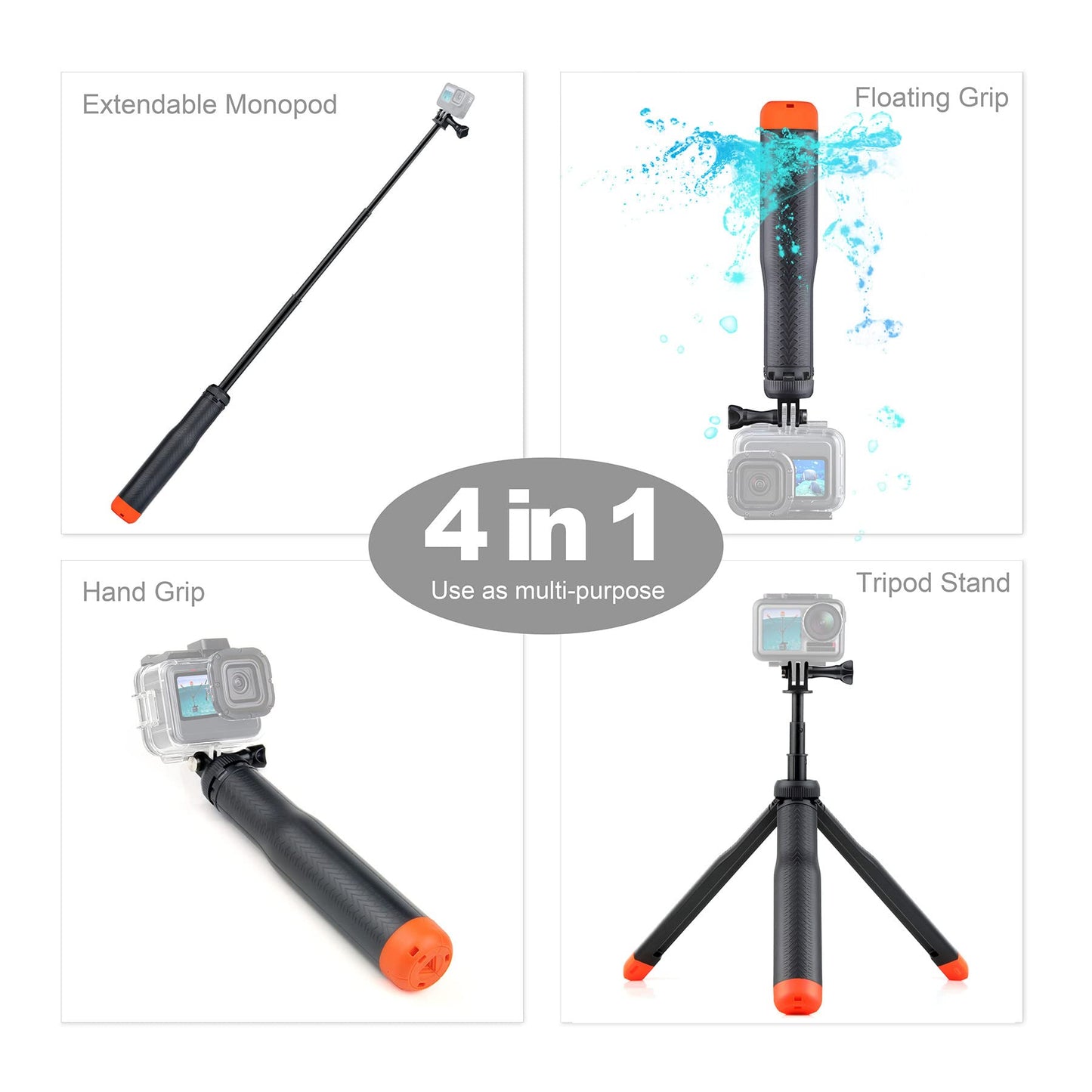 Multi-use Handheld, extendable Selfie monopod, Portable Tripod, and Floating Device for GoPro Hero 3, 3+, 4,5,6,7,8, 9, 10, 11, 12, 13 Session, 2018