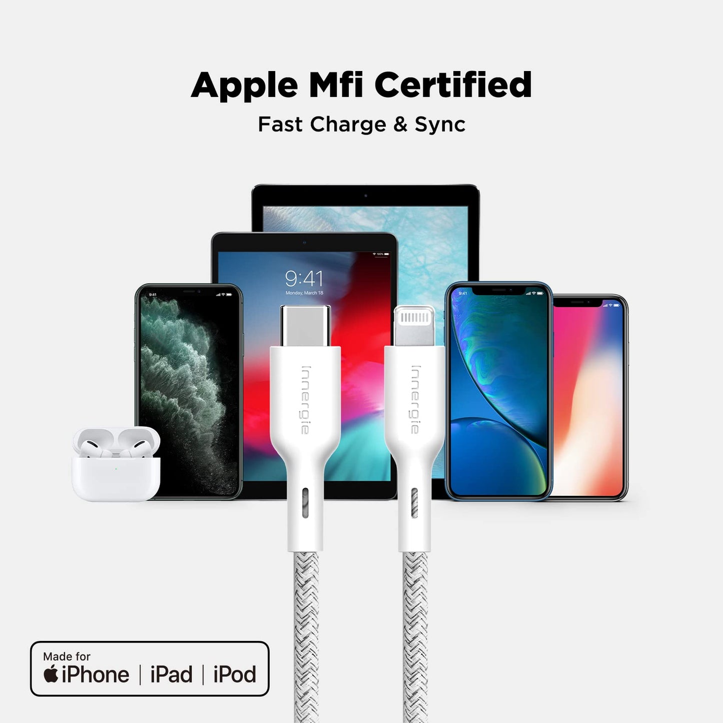 Innergie USB C to Lightning Cable (5.9ft, 1.8m) Apple Mfi Certified - 3A Fast Charging Cable 480Mbps Data Transfer, Design for iPhone/iPad/AirPods…