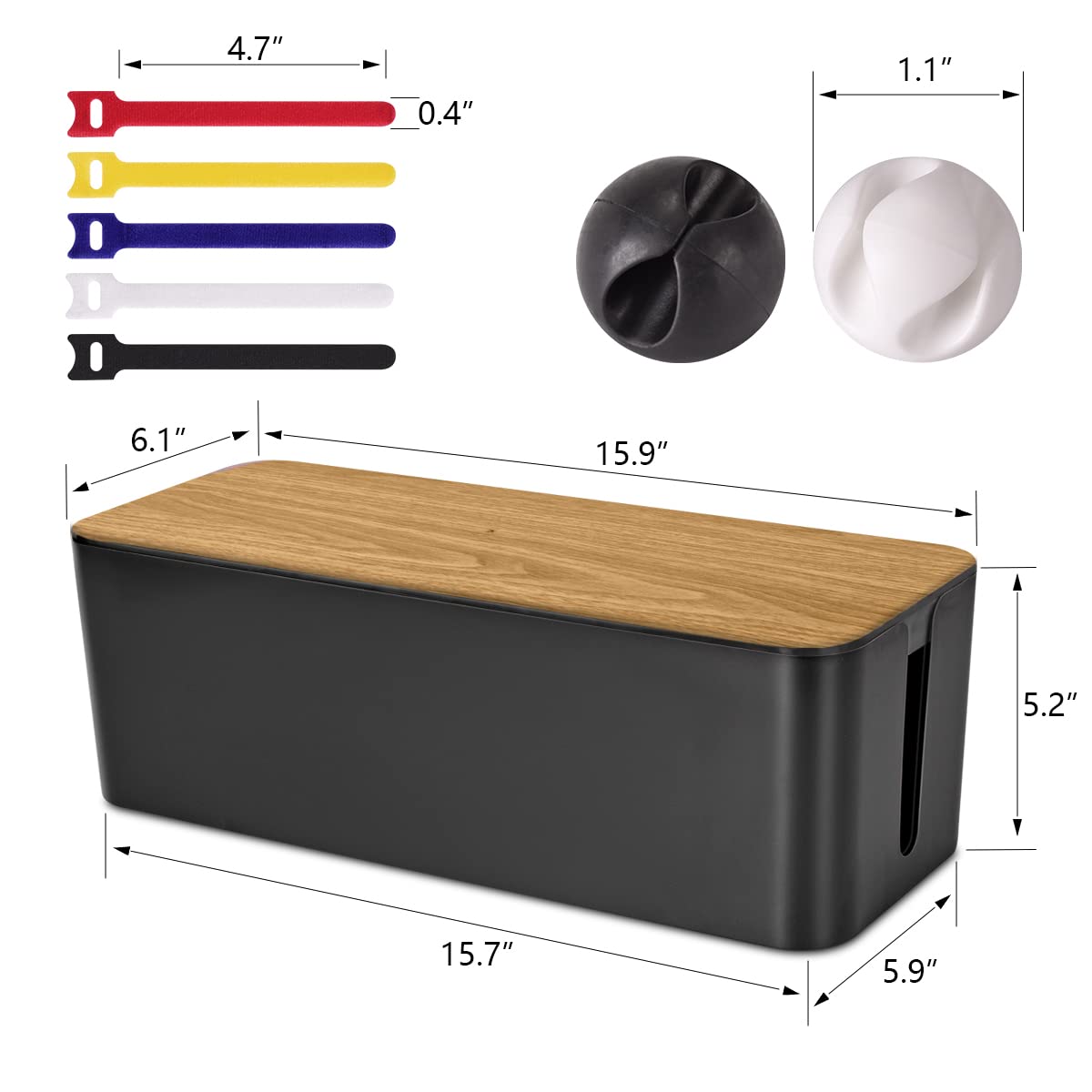 Cable Management Box Large - Wooden Grain Cable Organizer Box to Hide Wires&Power Strips,TV&Desk Computer Wires,with Cable Clips&Reusable Cable Ties