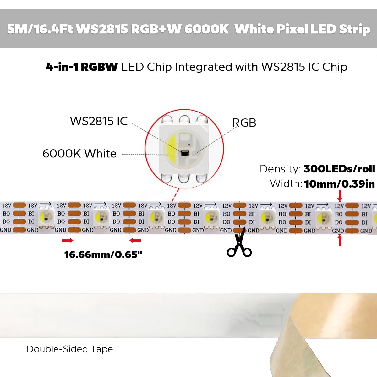 SLL HUT WS2815 RGBW 6000K Individually Addressable LED Strip 12V 60W, 16.4Ft/5M 300LEDs 300Pixels Programmable LED Lights Redundant Signals (RGB+6000K