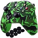 YoRHa Water Transfer Printing Camouflage Silicone Cover Skin Case for Microsoft Xbox One X & Xbox One S Controller x 1(Green) with PRO Thumb Grips x 8