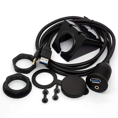 BSHTU USB 3.0 Flush Mount Cable - USB 3.0 and 3.5mm Aux Extention Mount, Flush, Dash, Panel Mount Cable 1/8 AUX for Car Bike Boat Motorcycle Radio