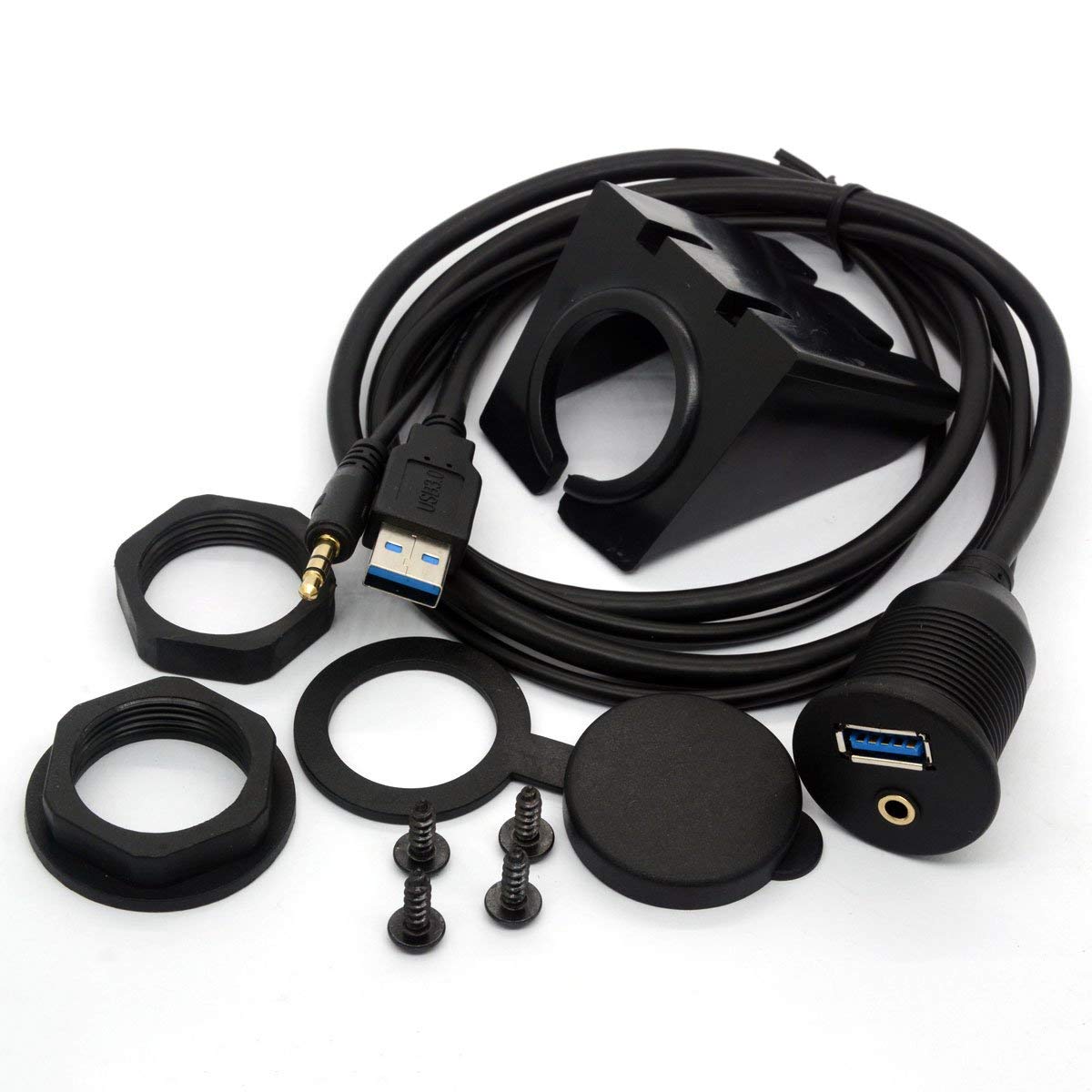 BSHTU USB 3.0 Flush Mount Cable - USB 3.0 and 3.5mm Aux Extention Mount, Flush, Dash, Panel Mount Cable 1/8 AUX for Car Bike Boat Motorcycle Radio