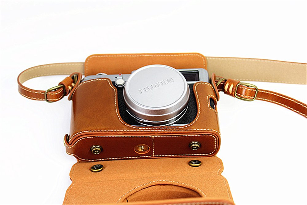 X100 Case, BolinUS Handmade PU Leather Fullbody Camera Case Bag Cover for Fujifilm Fuji X100 X100S X100T Bottom Opening Version + Neck Strap -Brown