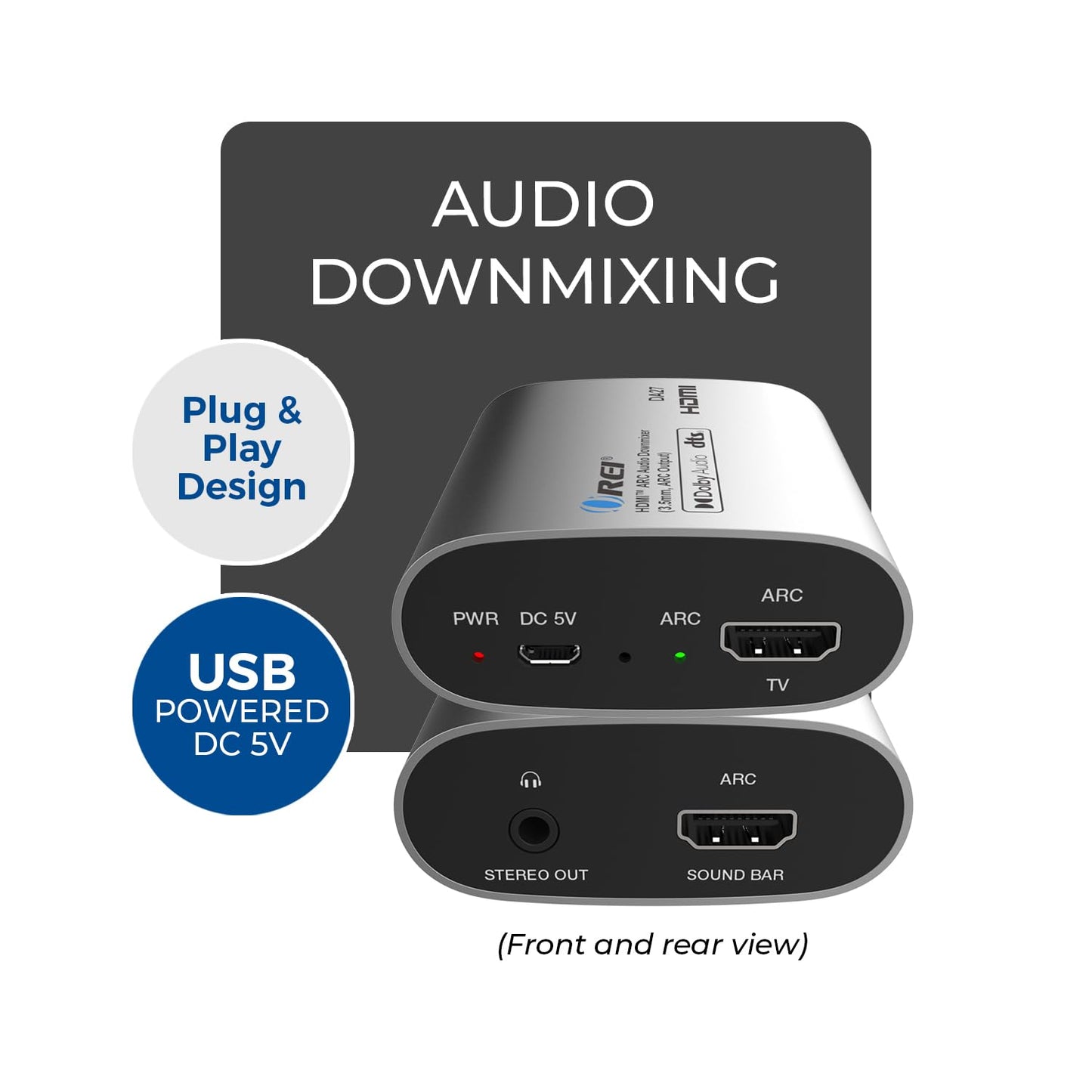 OREI DA27 HDMI ARC Audio Extractor & Downmixer - Dolby DTS 5.1 to 2-Channel Stereo Converter, HDMI ARC Pass-Through, 3.5mm Analog Output, CEC Volume
