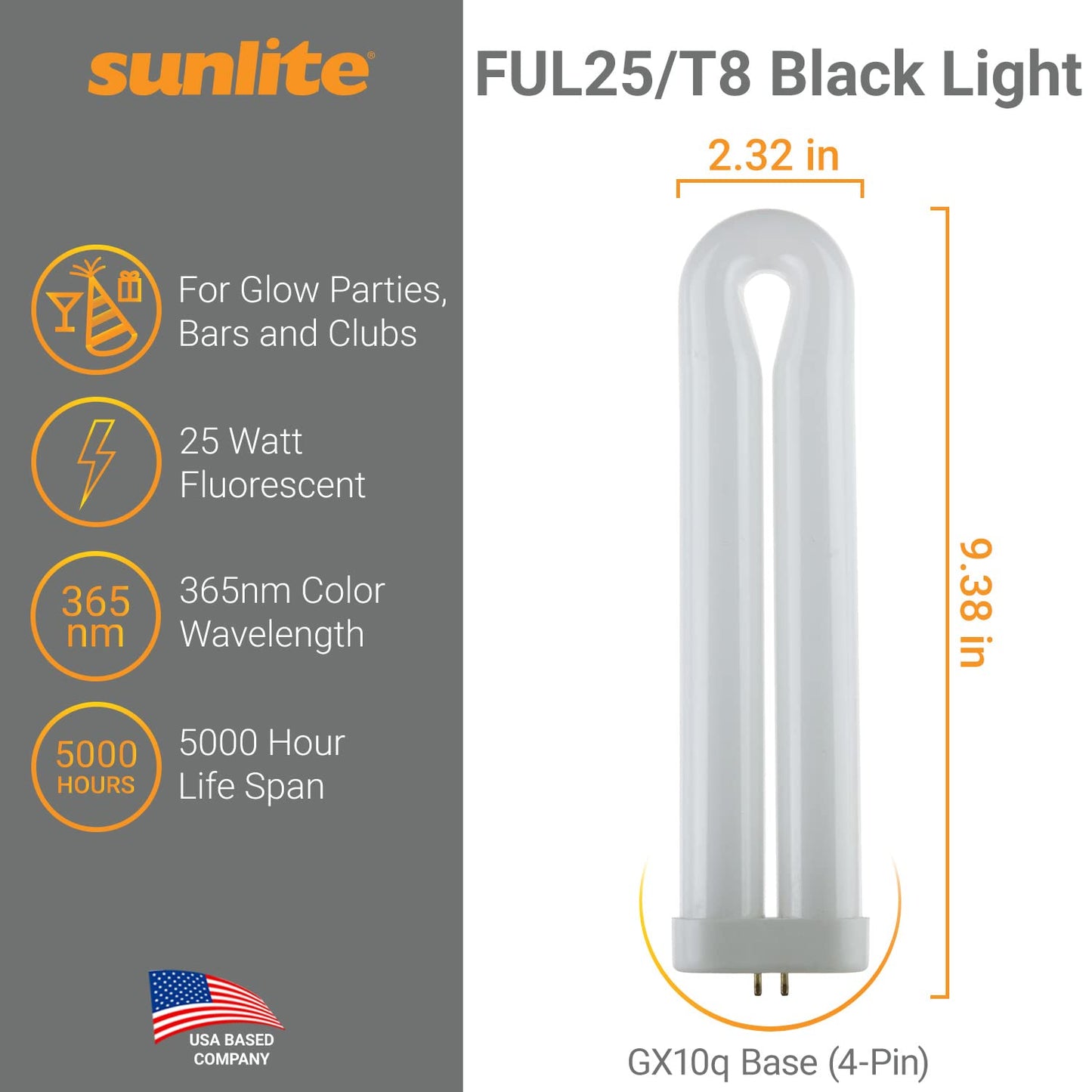 Sunlite 40486-SU T8 Fluorescent U-Shaped Light Bulb, 25 Watts, UV Light, 365nm Color Wavelength, GX10q 4-Pin Base, Plug-in, 5,000 Hour Life Span