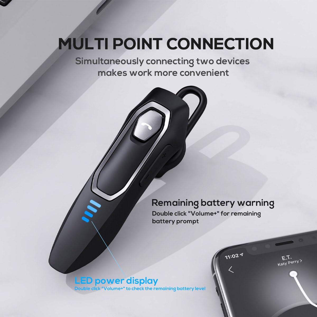 Bluetooth Headset V5.4, Bluetooth Earpiece with Micros, Noise Cancelling Hands Free Headset for Cell Phone with 36H Talking Time/Mute Function, Single