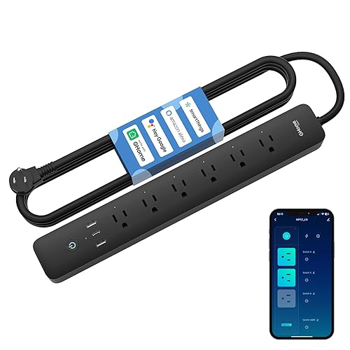 GHome Smart Power Strip 15A, 2.4G WiFi Smart plugs that work with Alexa & Google Home, Surge Protector Flat Plug with 6 APP Control WiFi outlets, FCC
