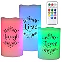 DRomance Color Changing Flameless Candles Battery Operated with 18-Key Remote Timer, 3 Pack Real Wax Live Love Laugh Decal Flickering LED Pillar