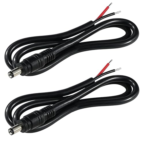 2PCS 2FT Black 16AWG DC Power Pigtails Cable - 5.5MM x 2.1MM Male Plug to Bare Wire Open End, DC Barrel Connector Pigtail for CCTV Security Camera
