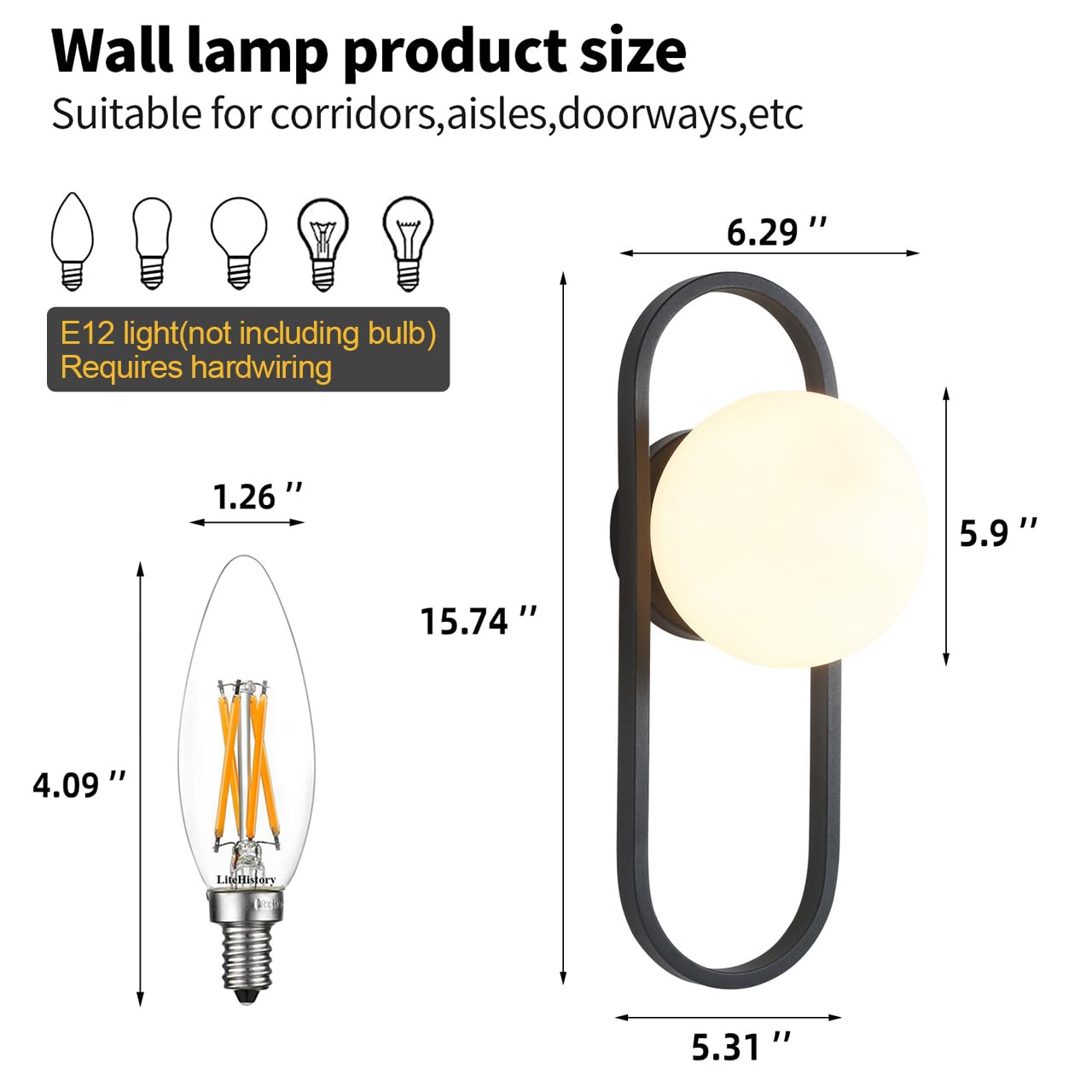Bektas Wall Sconces, Set of 2, Matte Black, Modern Light Fixture with White Globe Glass Shade, Wall Lighting for Living Room, Bedrooms