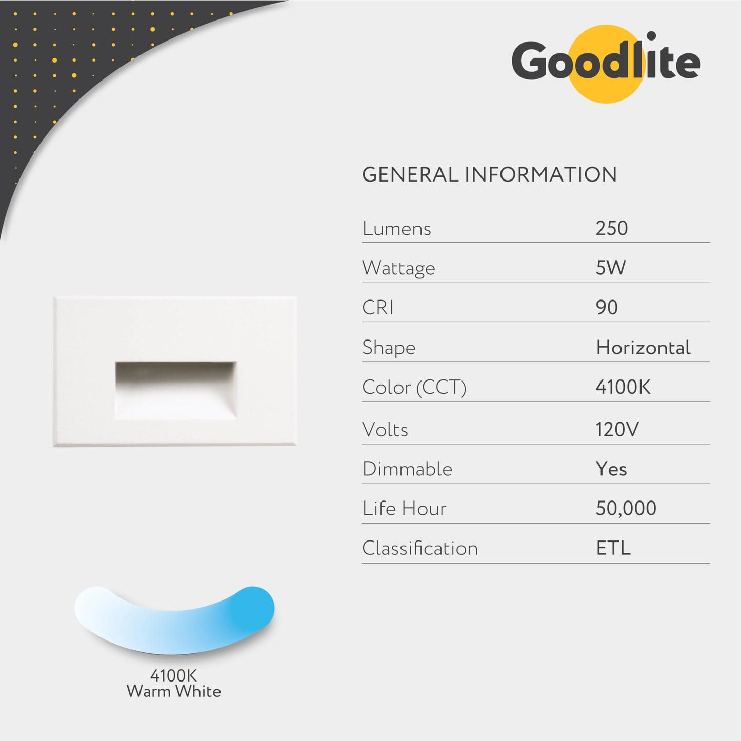 Goodlite G-20025 Horizontal LED Indoor Outdoor Step, 5w 200lm, 120v, Stair Light, Finish, Wet Location, Dimmable, Cool White 4100k