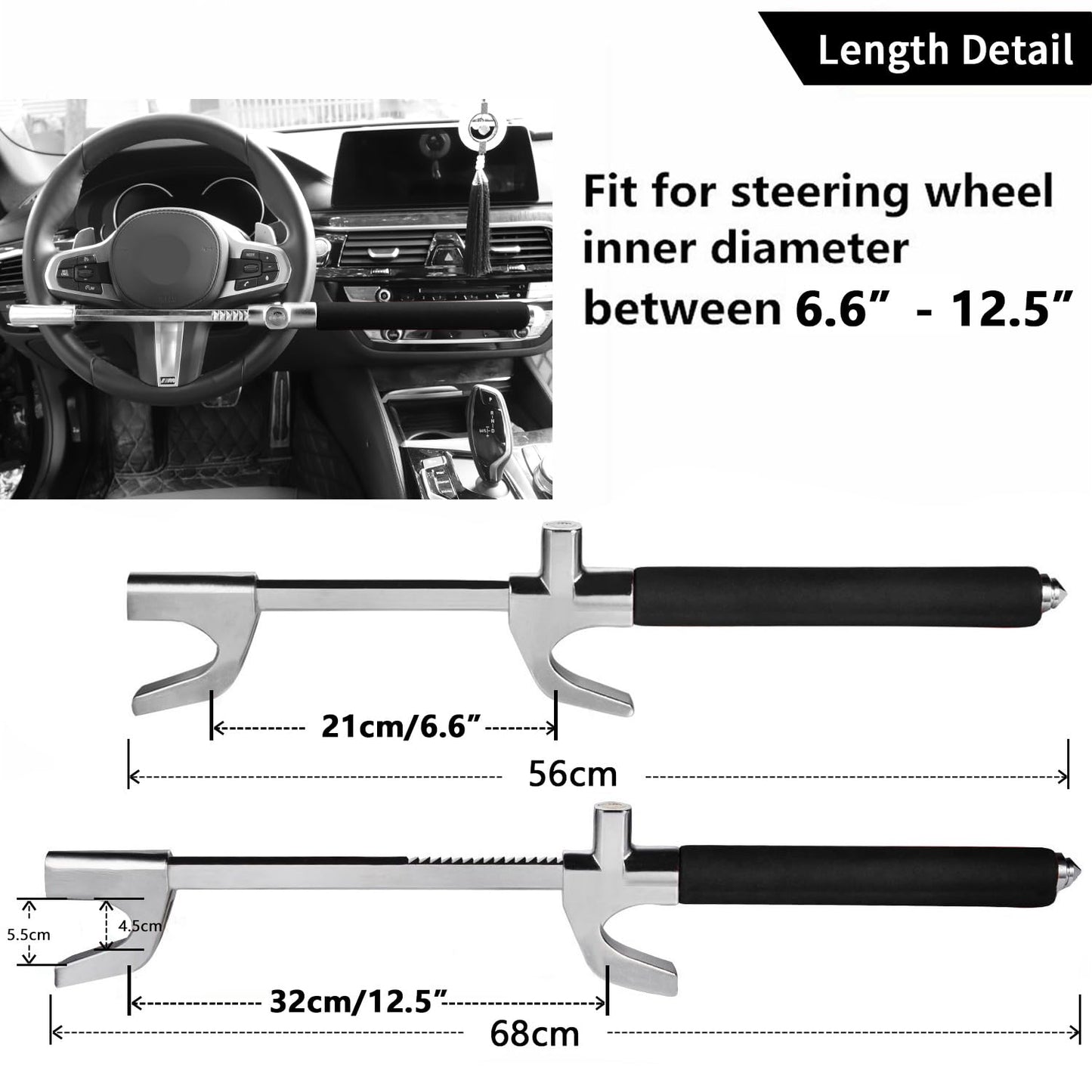 Tevlaphee Steering Wheel Lock for Cars,Wheel Lock,Vehicle Anti-Theft Lock,Adjustable Length Clamp Double Hook Universal Fit Emergency Hammer Window