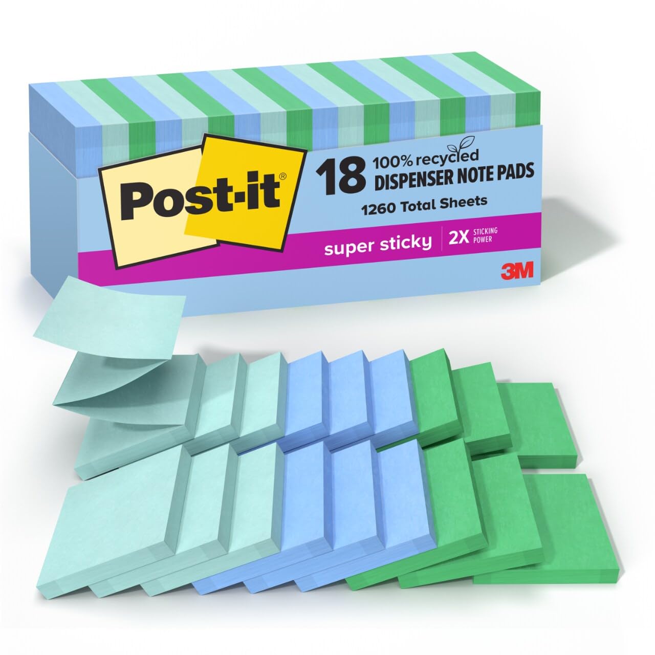 Post-it 100% Recycled Super Sticky Notes, 3 x 3 in, Oasis, 24 Pads