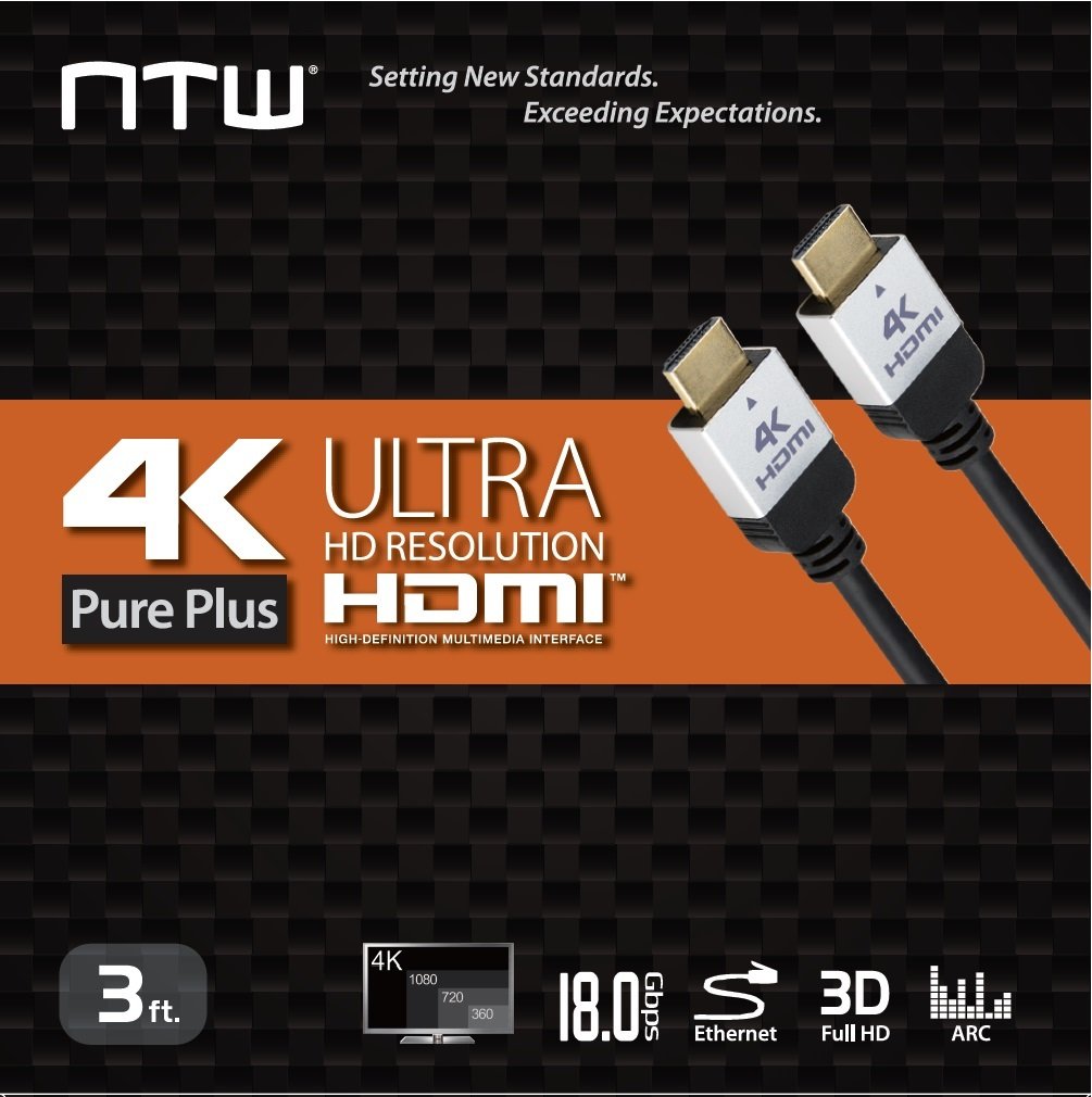 NTW PURE PLUS 4K HDMI Cable 3FT High Speed HDMI 2.0 Cable, 4K HDR, 3D, 2160P, 1080P, Ethernet - HDMI Cord, Audio Return(ARC) Compatible PS5, PS4/3