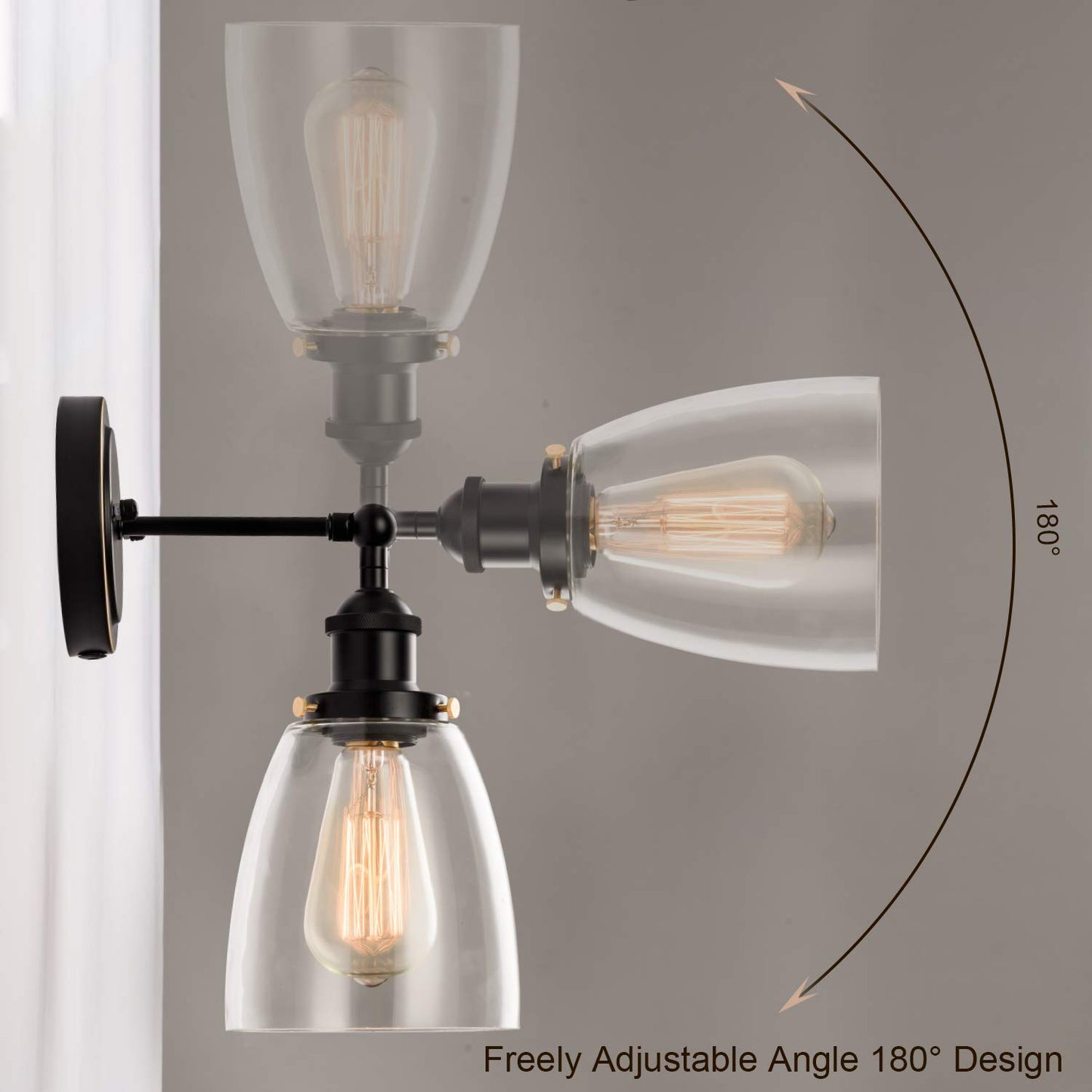 GLADFRESIT Industrial Wall Sconce Plug in Black, Adjustable Head Modern Ceiling Light Fixture Clear Glass Shade Wall Lamp 2 in 1 Design On/Off Switch