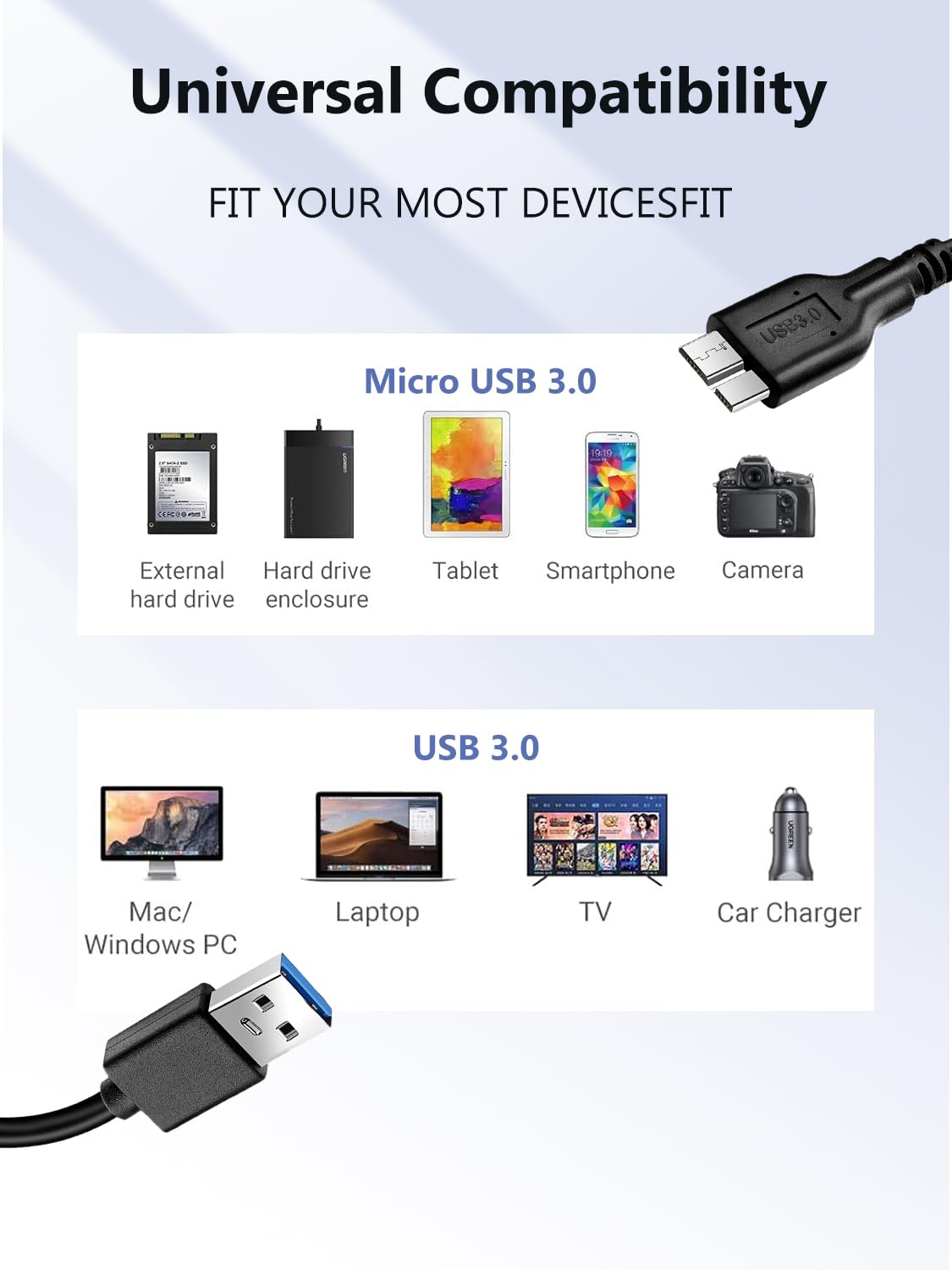 Techigher Micro USB 3.0 Cable 1 ft, USB 3.0 Type A Male to Micro B, for External Hard Drives (1)