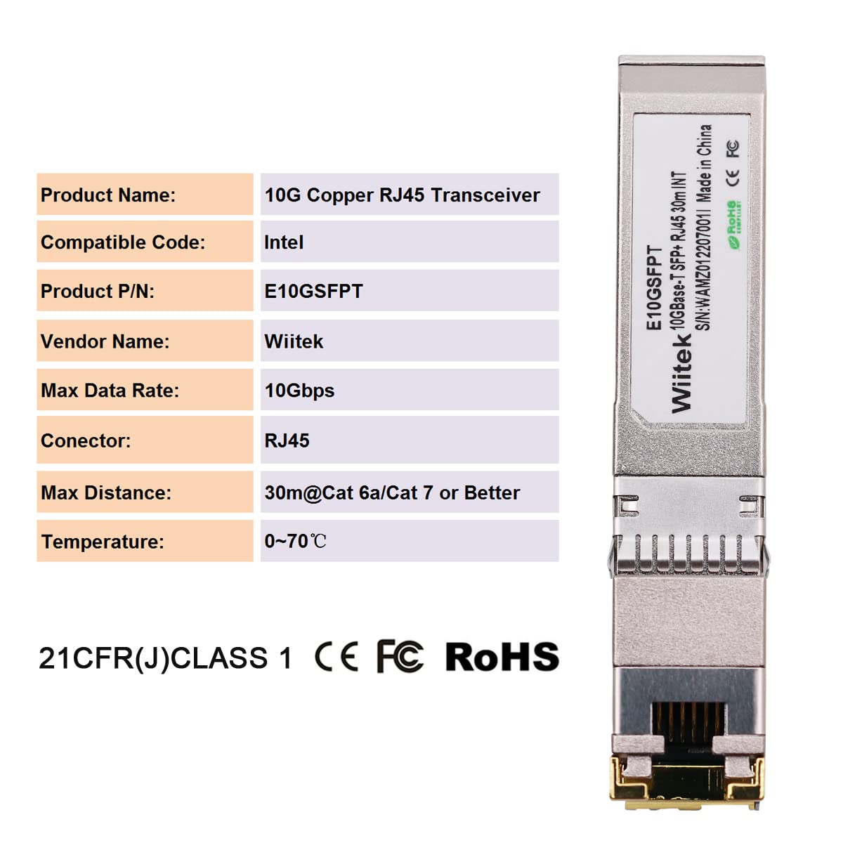 Wiitek 10G SFP+ to RJ45 Copper Modules, 1.25G/2.5G/5G/10GBase-T Ethernet Copper to SFP+ Transceiver Compatible for Intel E10GSFPT(Cat 6a/7 or Better