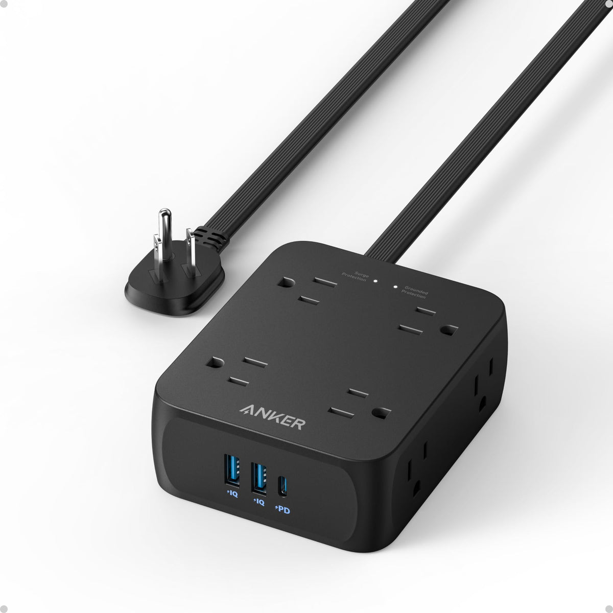 Anker Power Strip with 2000J Surge Protector, Flat Plug Extension Cord with Multiple Outlets, 8 AC, 2 USB A & 1 USB C Port for 20W, 5ft Outlet