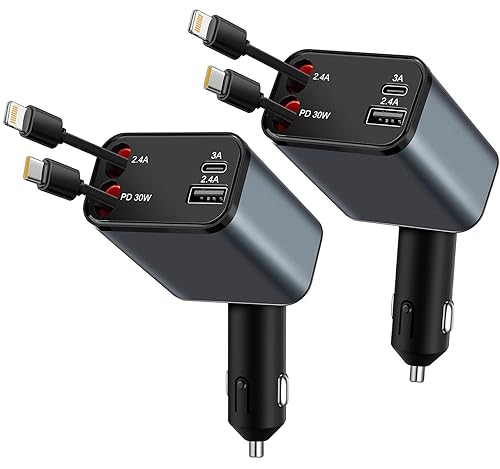 2Pack 4 in 1 Retractable Car Charger, 69W USB C Car Accessories Adapter for iPhone 17 USB C Charger Fast Charging,Truck Accessories,Travel Essentials
