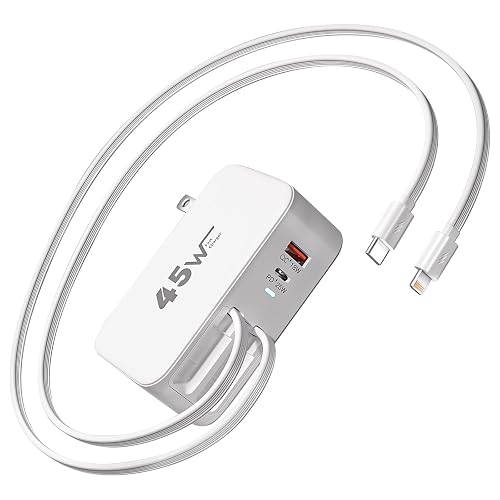 4-in-1 Retractable Wall Charger Dual USB Ports with Lightning and Type-C Cables, 45W iPhone Fast Foldable Charging Block, Travel Essentials 4-port USB