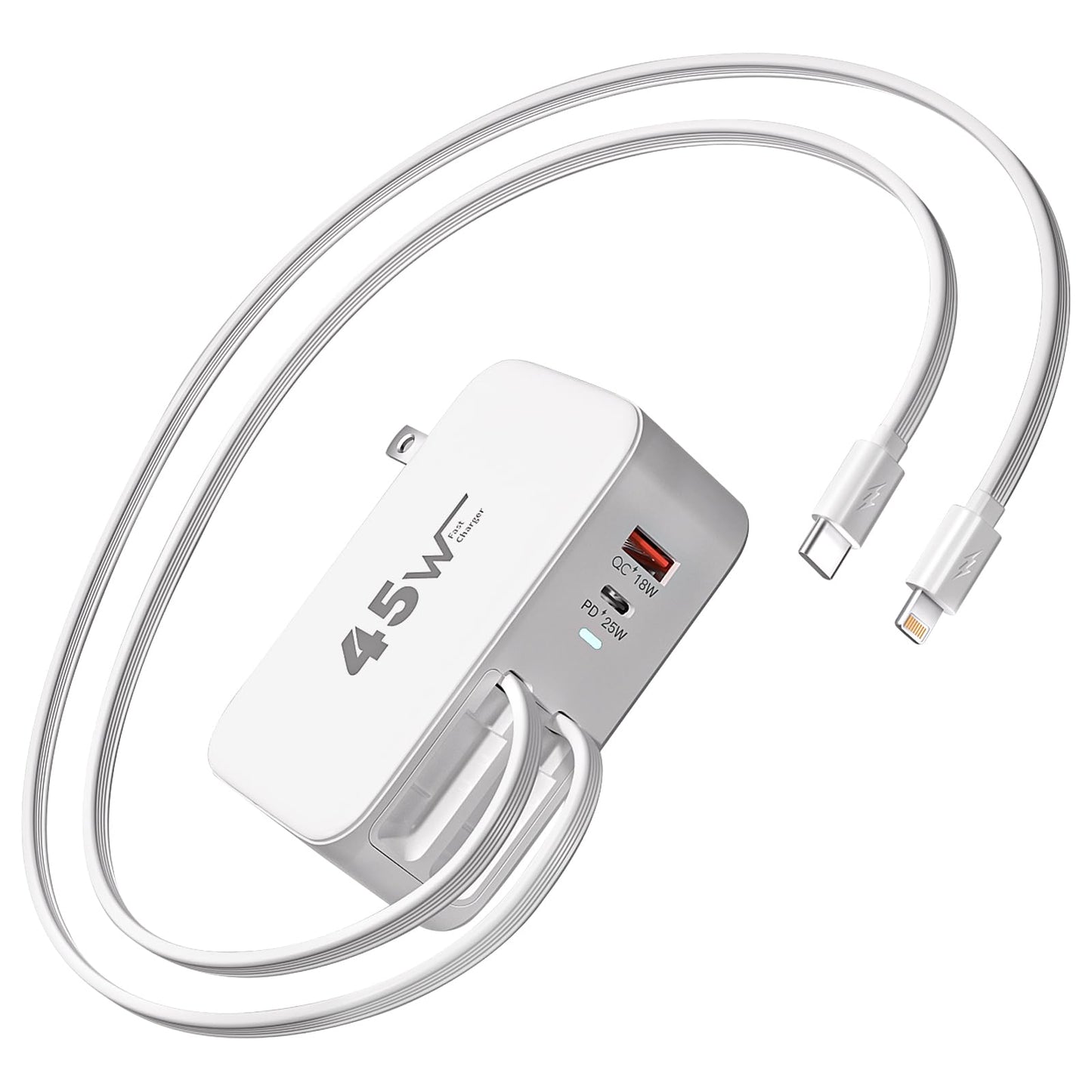 4-in-1 Retractable Wall Charger Dual USB Ports with Lightning and Type-C Cables, 45W iPhone Fast Foldable Charging Block, Travel Essentials 4-port USB