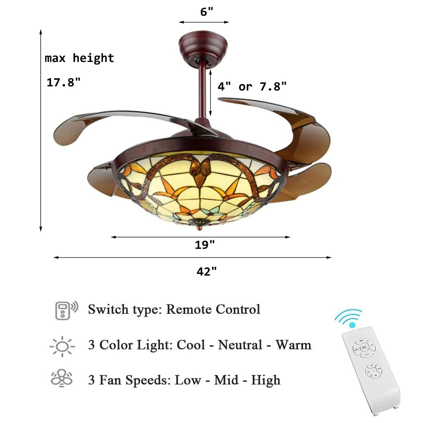 SWLKJ 42 '' Tiffany Ceiling Fan with Light and Remote Control, Retractable Blades Chandeliers Fan Lights Indoor 3 Colors 3 Speed Retro Ceiling Fan