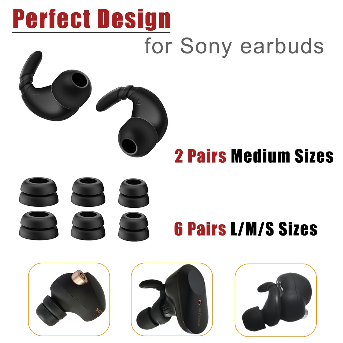 Anti-Slip Double Flange Ear Tips for Sony Earbuds Replacement Ear Hooks for Sony WF-1000XM5/M4/WF-C500/Linkbuds S Earbuds Tips Black