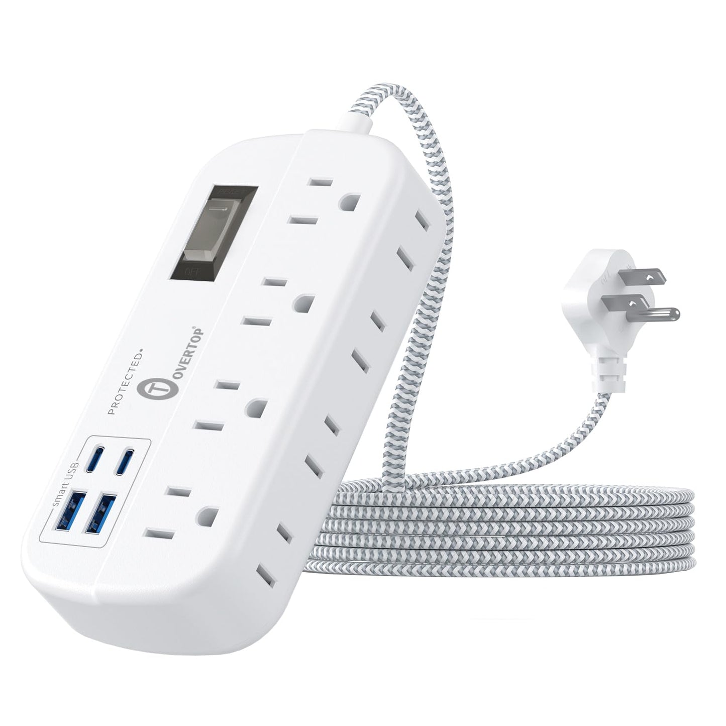 Overtop 12 in 1 Power Strip Surge Protector, 8 Outlets 4 USB (2 USB C Ports), Compact Wall Outlet Extender, Nightlight Flat Plug 5FT Extension Cord