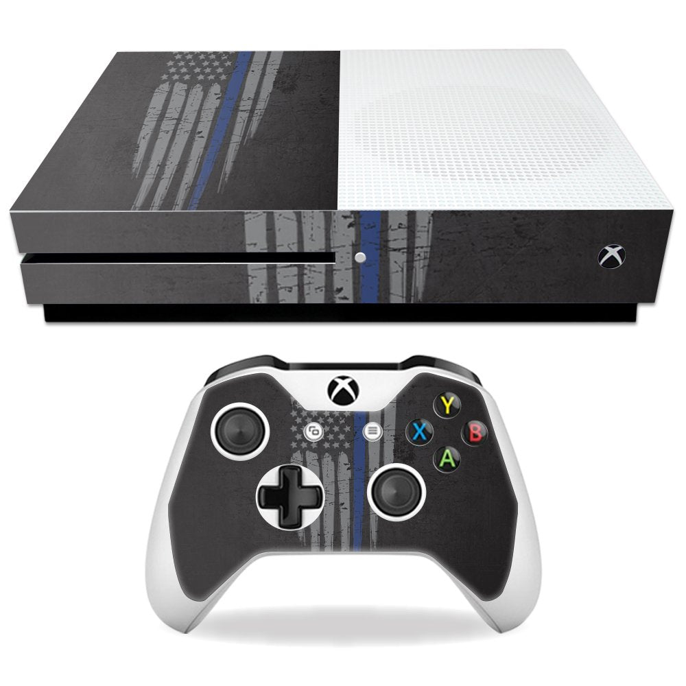 MightySkins Skin Compatible with Microsoft Xbox One S - Thin Blue Line | Protective, Durable, and Unique Vinyl Decal wrap Cover | Easy to Apply