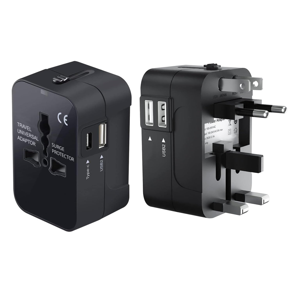 Portable Worldwide Universal Power Adapter Converter All in One International Wall Charger Plug for Wall Plug Input in USA EU UK France Italy Australia India Outlets (with USB-A and USB-C)