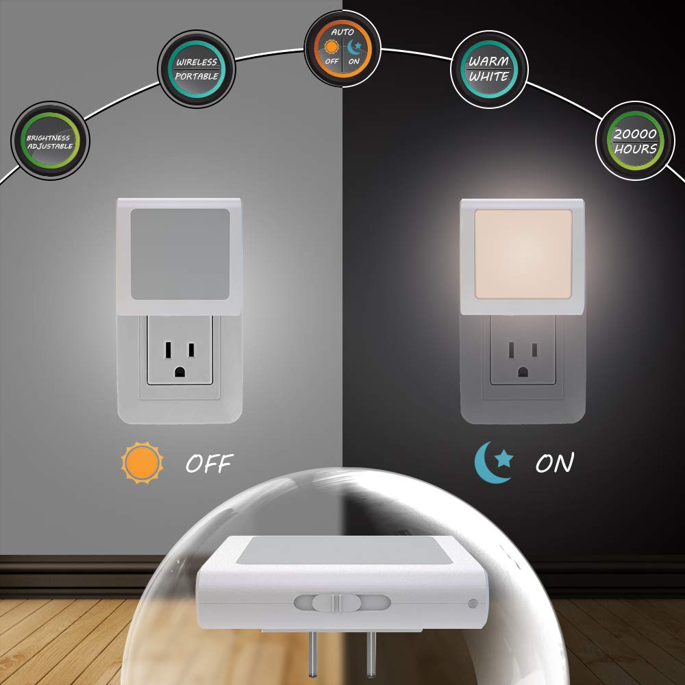 MAZ-TEK Plug-in Led Night Light with Auto Dusk to Dawn Sensor,Adjustable Brightness Warm White Lights for Hallway,Bedroom, Kids Room, Kitchen