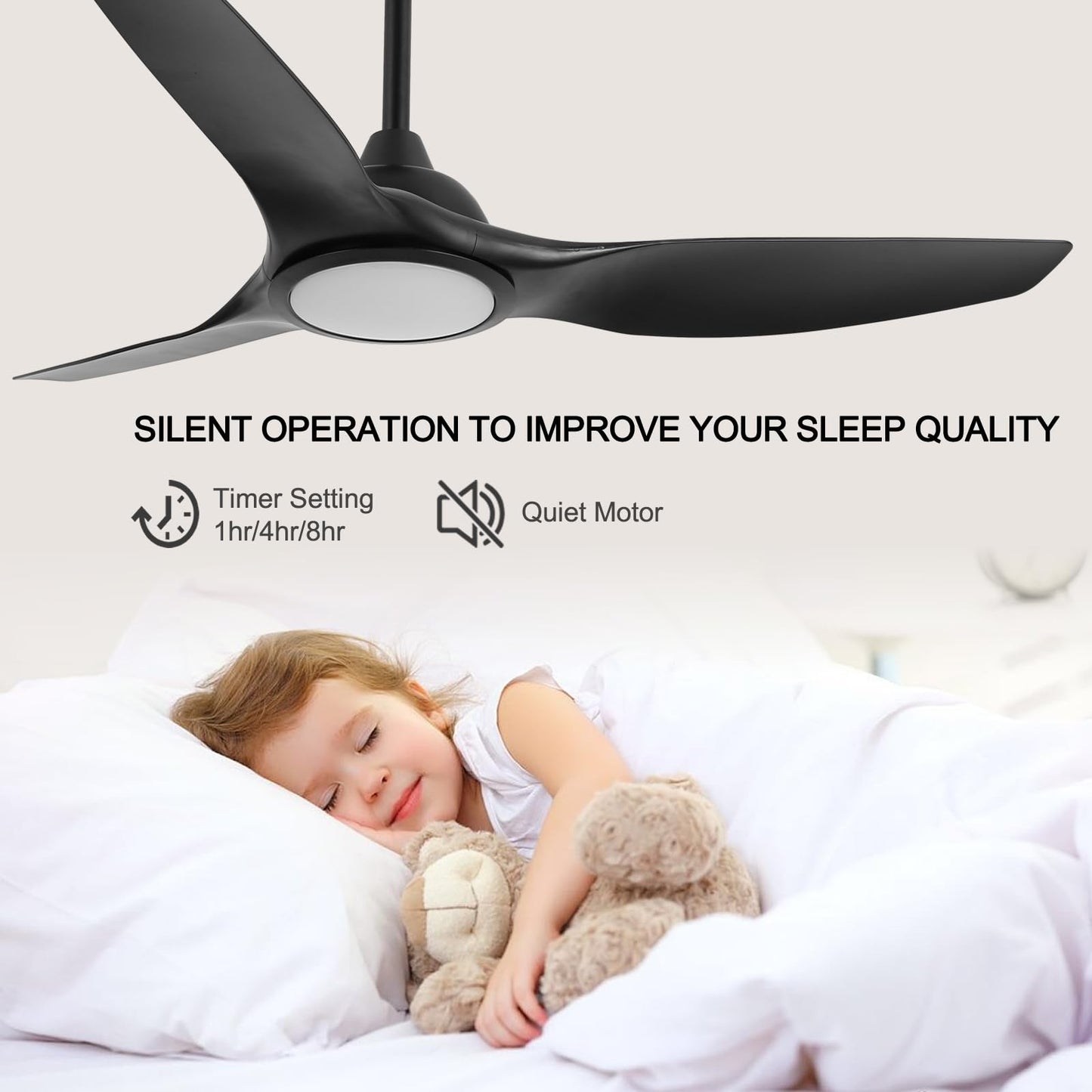 52 Inch High CFM Quiet Modern Black Ceiling Fan with Lights Remote Control
