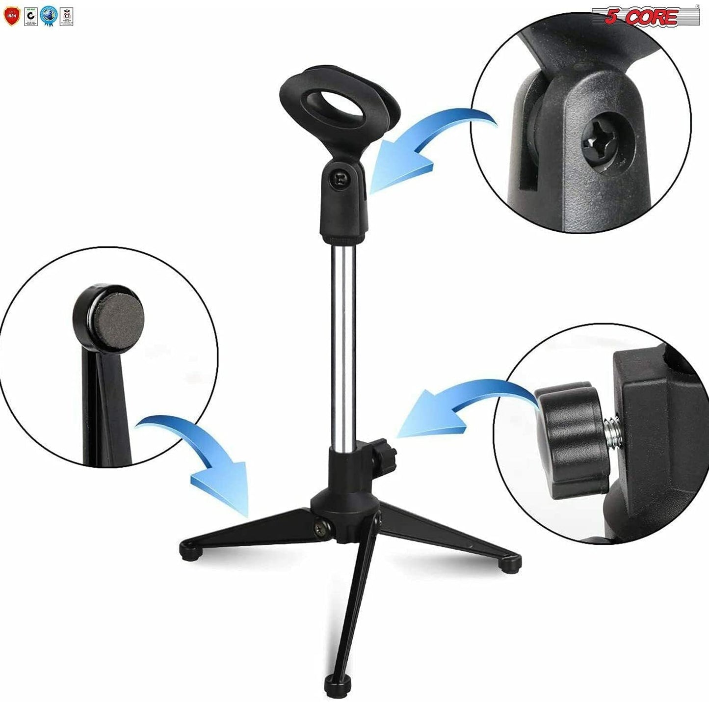 5 Core Premium Mini Microphone Stand Tripod Universal Adjustable Desk Microphone Stand Portable Foldable Table Top Desktop Stand with Small Plastic