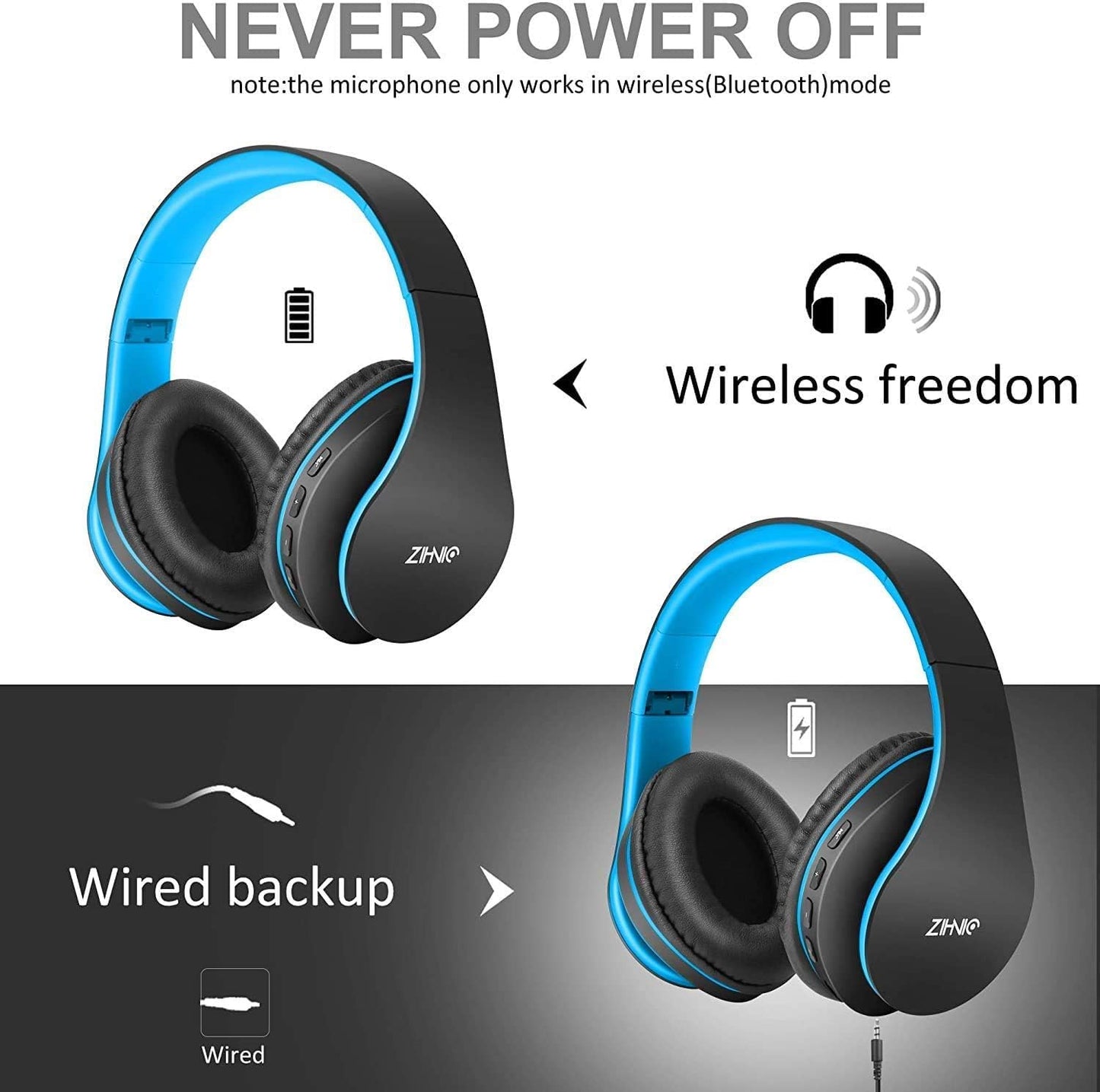 ZIHNIC Bluetooth Headphones Over-Ear, Foldable Wireless and Wired Stereo Headset Micro SD/TF, FM for Cell Phone,PC,Soft Earmuffs &Light Weight…